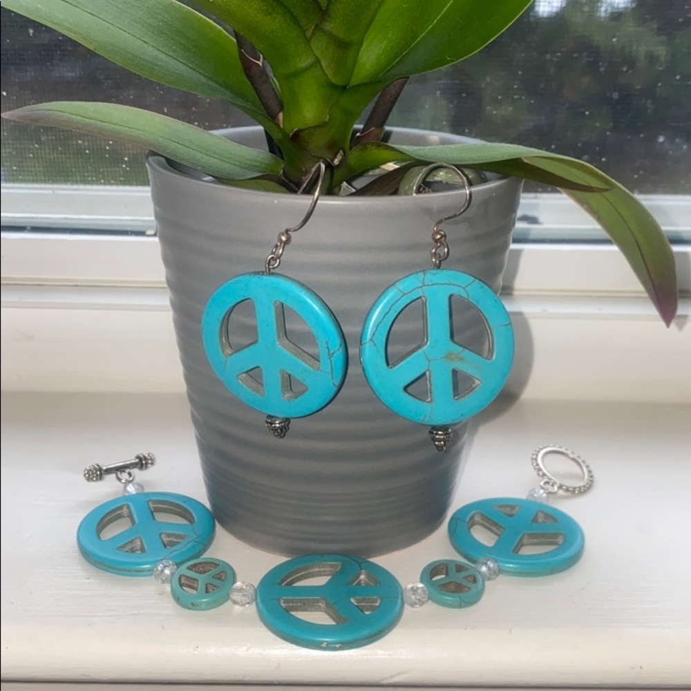 Turquoise Peace Symbol Earrings and Bracelet Set